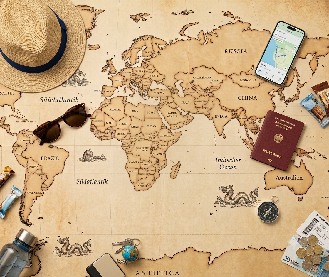 Reisehut, Sonnenbrille, Reisepass und Reise-Utensilien flach ausgelegt auf einer Weltkarte